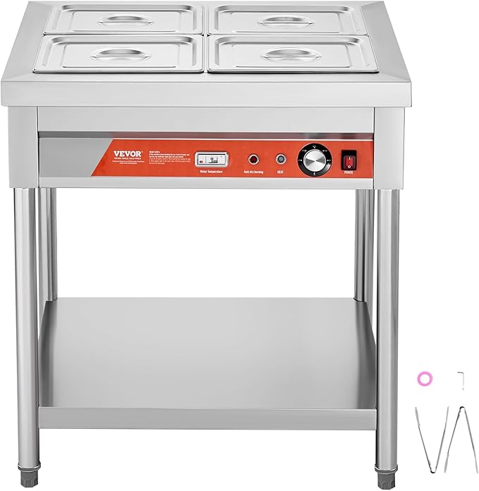 VEVOR 4-Pan Commercial Food Warmer, 4 x 1/2 Pans Electric Steam Table, 1500W Professional Buffet Catering Food Warmer with Undershelf, Stainless Steel Server for Restaurant Party Hotel