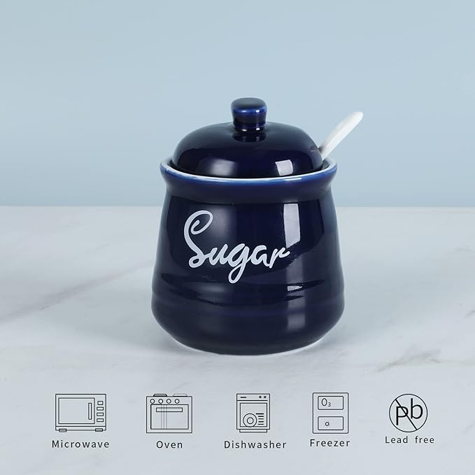 HAOTOP Farmhouse Porcelain Sugar Bowl with Lid and Spoon 12oz,Easy to Clean (Navy)