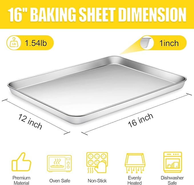 Baking Sheet, Cookie Sheet, Stainless Steel Baking Pan, 2 Piece-16''x 12'' x 1'', Sheet Pan for Oven, Jelly Roll Pan, Baking Tray for Baking&Roasting, Nonstick&Nontoxic&Easy Clean