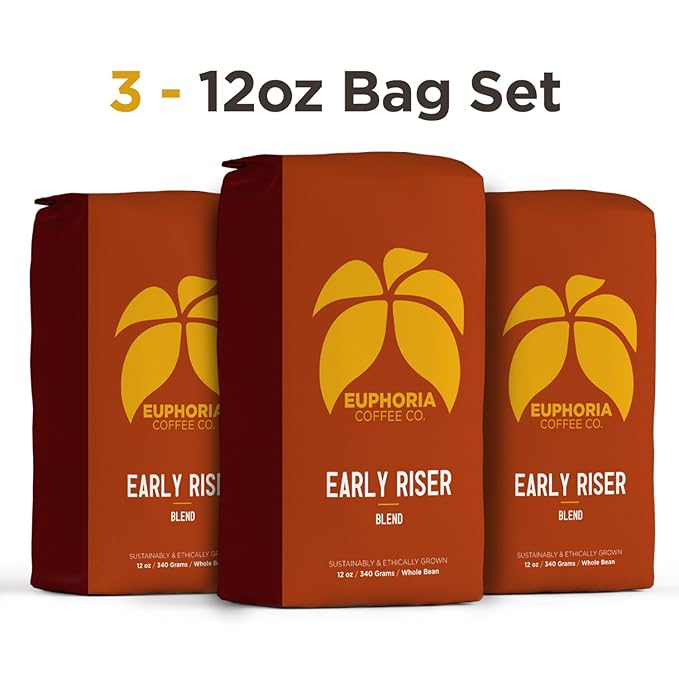 EUPHORIA COFFEE CO. Early Riser Whole Bean Coffee - Light & Dark Roast Blend | 12oz Bag (3 Pack)
