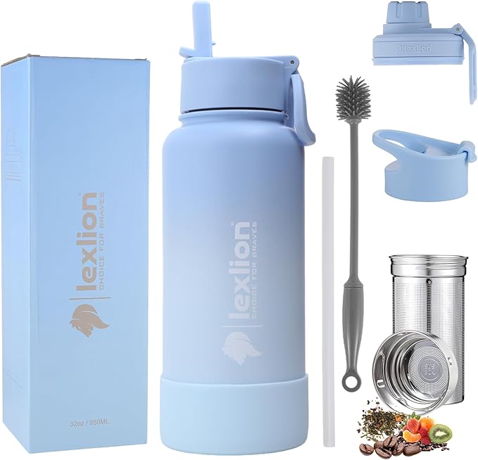 Lexlion 32 Oz Triple Walled Insulated Stainless Steel Fruit Infuser Bottle - Tea Infuser Water Bottle with 3 Lids, Silicone Sleeve, Leakproof, Metal Mug Gallon