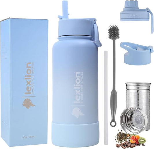 Lexlion 32 Oz Triple Walled Insulated Stainless Steel Fruit Infuser Bottle - Tea Infuser Water Bottle with 3 Lids, Silicone Sleeve, Leakproof, Metal Mug Gallon