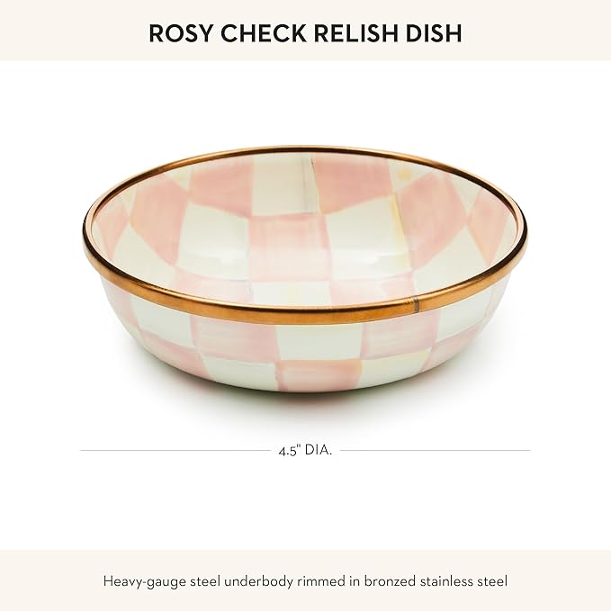 MACKENZIE-CHILDS Enamel Relish Dish, Small Serving Bowl for Entertaining, Pink-and-White Rosy Check
