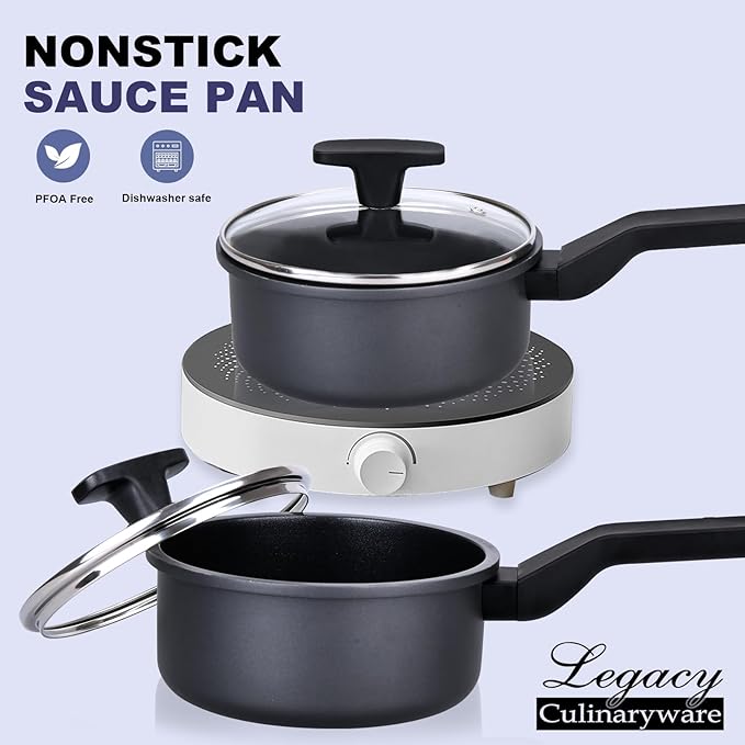 Nonstick Sauce Pan with Lid,1.5Qt & 2Qt Set, PFOA Free,Kitchen Pots Induction Pot,Black