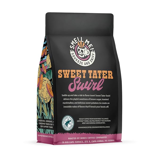 Bones Coffee Company Sweet Tater Swirl, Cinnamon Sweet Potato Flavored Coffee, Medium Roast Low Acid Arabica Beans Compatible with Auto drip and French Press Coffee Maker, 12 Oz Whole Bean