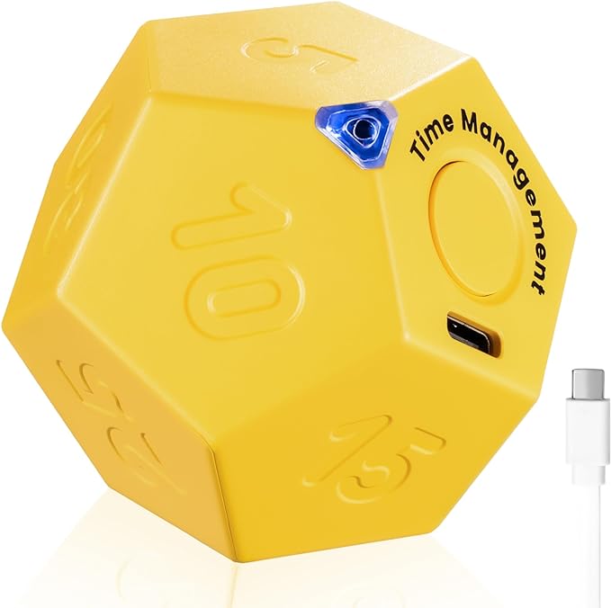 KADAMS Pomodoro Cube Timer Productivity-11 Preset Countdowns, Flip-to-Start Gravity Activation - Sound Vibrate Mute Rechargeable - Ideal for ADHD Kid Kitchen Classroom Cook Study Exercise - Yellow
