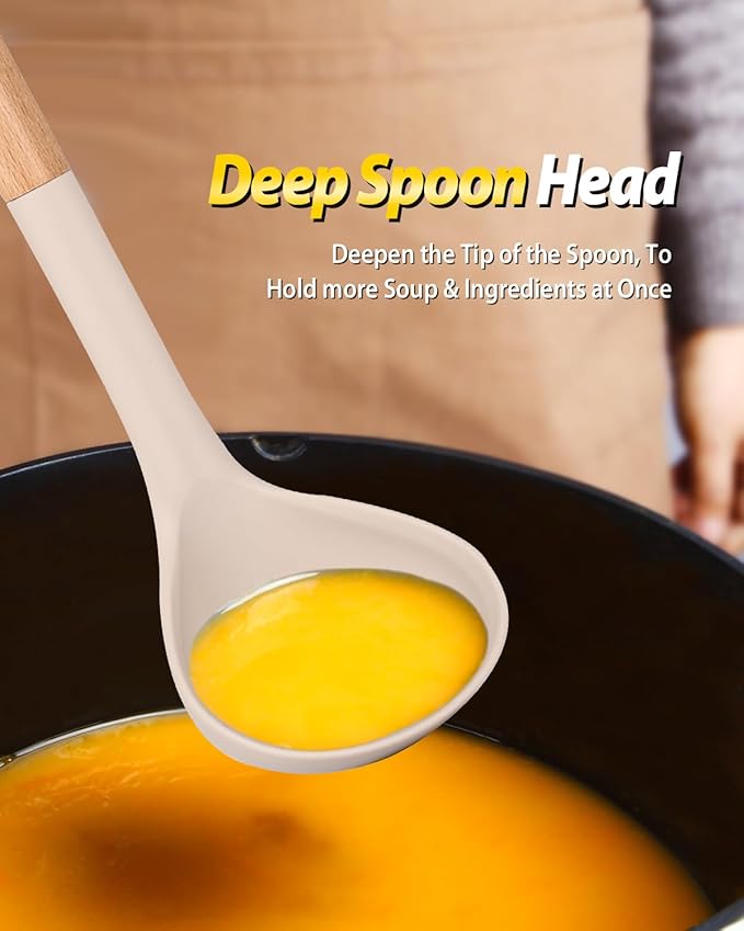 Silicone Pasta Fork and Ladle Spoon Set with Wooden Handle, Heat Resistant Non Stick Kitchen Utensils for Cooking, Stirring, Serving Spaghetti, Soup, Sauce(KHAKI)