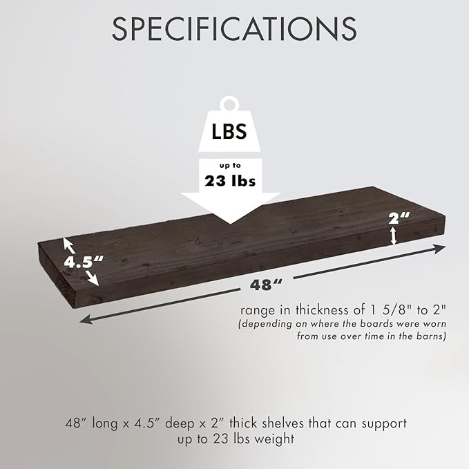 Urban Legacy Reclaimed Barnwood Planks | Floating Shelves for Wall w/Flush Mount Shelf Bracket Set Included | Set of 2 (Coffee Bean, 48" x 4.5" x 2")