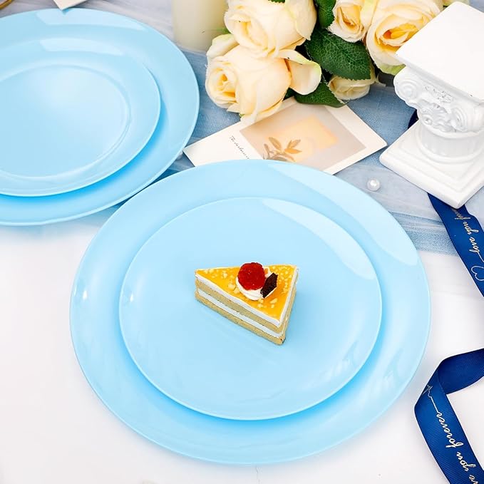 KIRE 60PCS Blue Plastic Plates Disposable - Heavy Duty Light Blue Plates Include 30Pcs 10.25” Dinner Plates and 30Pcs 7.5” for Dessert/Salad in Baby Shower/Picnic
