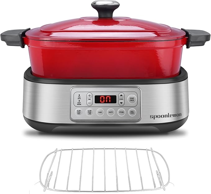 Electric Dutch Oven Multi-Cooker, 5.8QT Enameled Cast Iron Pot - 1250W Fast Heating, 6 Preset Functions, Digital Display & Keep Warm, Oven Safe Pot To 392℉, with Removable Pot, Steam Rack