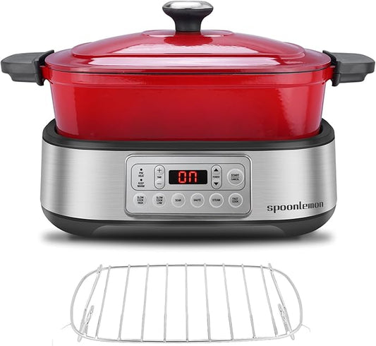 Electric Dutch Oven Multi-Cooker, 5.8QT Enameled Cast Iron Pot - 1250W Fast Heating, 6 Preset Functions, Digital Display & Keep Warm, Oven Safe Pot To 392℉, with Removable Pot, Steam Rack