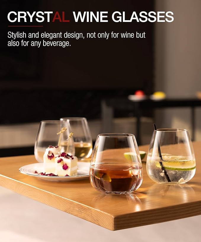 LUNA & MANTHA Stemless Wine Glasses Set of 6, 14.5oz Red White Wine Glass,Premium Hand Blown Crystal Glasses for Daily Use and Special Days, Perfect Gifts for Men and Women