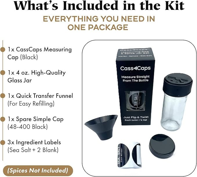 Glass Spice Jars & Measuring Cap Set - Twist to Dispense 1/4 Tsp Per Turn for Precise Cooking - Spice Jars with Lids Keep Kitchen Organized & Tidy - Enjoy Round Spice Jar Without Mess -1 Pack