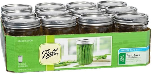 Ball Wide Mouth Pint 16-Ounce Glass Mason Jar with Lids and Bands, 12-Count