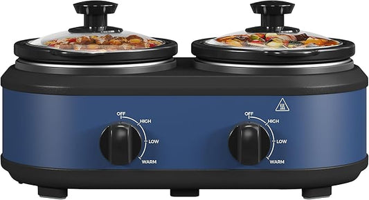 Kiss the Water Dual Slow Cooker, Buffet Server and Warmer with 2 Removable Ceramic Pots, Slow Cooker Food Warmer with 3 Adjustable Temp & 2 Visible Glass Lids, Stainless Steel, 2 x 1.25 QT, Blue