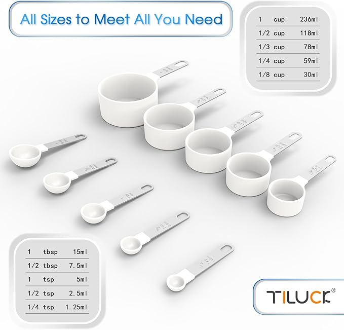 TILUCK Measuring Cups & Spoons Set, Stackable Cups and Spoons, Nesting Measure Cups with Stainless Steel Handle, Kitchen Gadgets for Cooking & Baking（white）