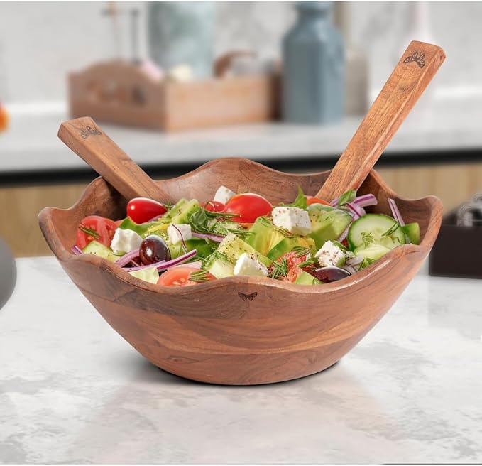 Melvvi Large Wooden Salad Bowl Set with 2 Small Bowls and 2 Serving Utensils | 12" & 6" Acacia Wood Bowls for Food | Great Gift for Kitchen & Dining (Natural Set of 5) (Natural Set of 3)