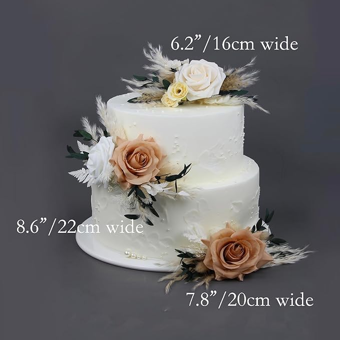 Rinlong 3Pcs Pre-made Boho Cake Toppers Pampas Cake Decorations Birthday Wedding Cake Decorating Flowers Baptism Decor for Women Girls