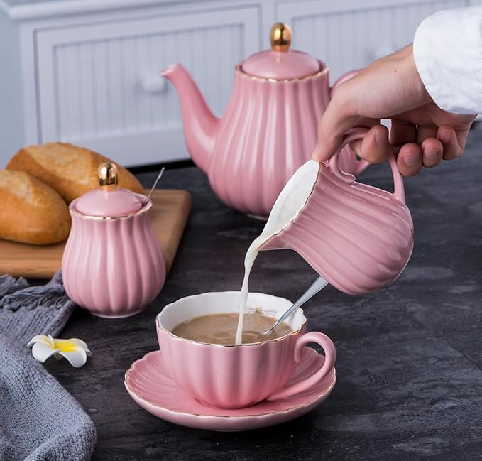 Jusalpha Porcelain Tea Set- Pink Teapot and Creamer Sugar Bowl Set, TW (Pink)