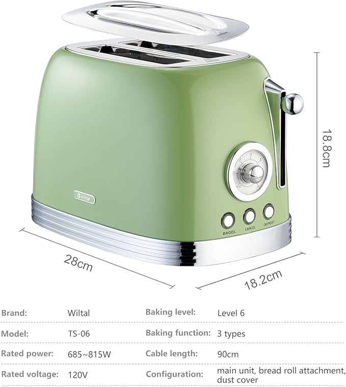 Green Cute Retro Toaster 2 Slice with 1.58" Wide Slots, with Stainless Steel Lid, with Warming Rack, Preheat, Defrost, Countdown Timer Display