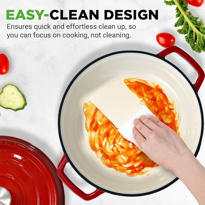 NutriChef Enameled Cast Iron Dutch Oven-5-Quart Kitchen Round Dutch Oven Stovetop Casserole Cookware, Porcelain Enamel Coated Cast-Iron Baking Pots w/ Self Basting Lid-NCCIEC45(Red),Medium