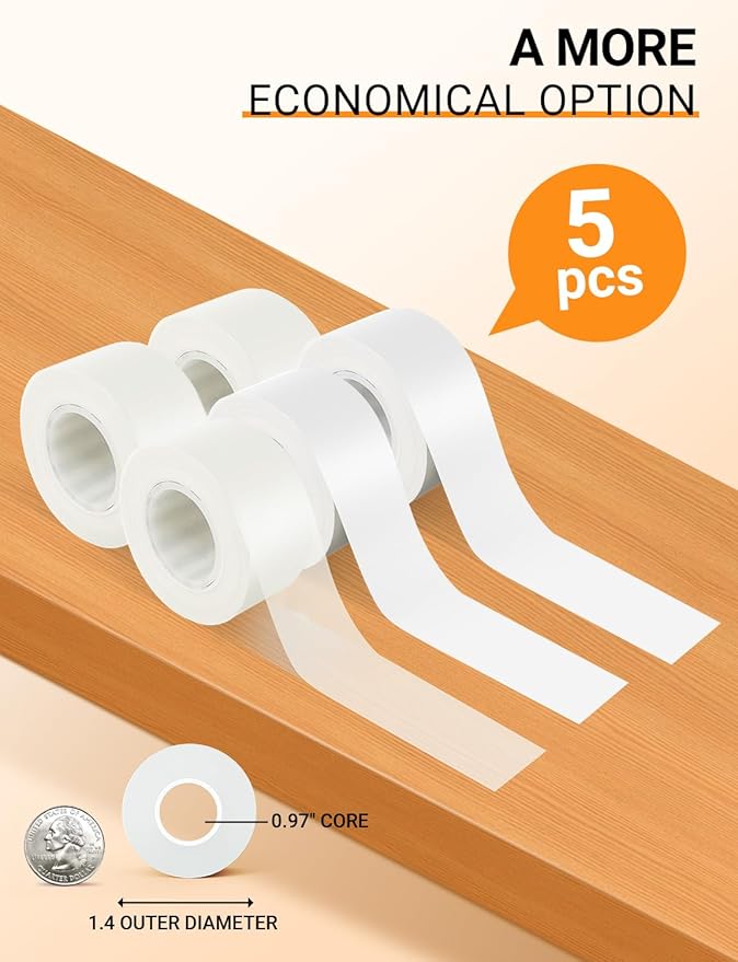 MakeID E1 Q1 Label Maker Tape Refills, 5-Roll 16mm x 4m (0.63" x 13') Continuous Consumables Thermal Laminated Office Labeling Tape Replacement