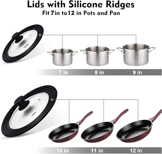 Universal Lids for Pots, Pans & Skillets - Fits 7", 8" & 9" Diameter, 10", 11" & 12" Diameter Cookware, Tempered Glass with High Heat Resistant Silicone Rim (2PK)