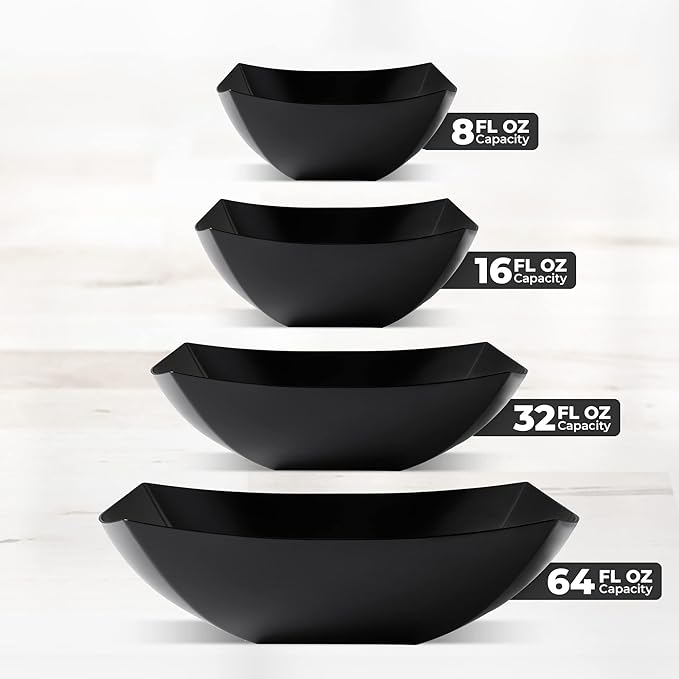 Posh Setting - Black Plastic Serving Bowls for Party (8oz - 4 Pack) Square Bowls, Disposable Chip Bowls, Candy Bowls for Party Table, Salad & Fruit Bowls for Party, Candy Containers for Candy Buffet