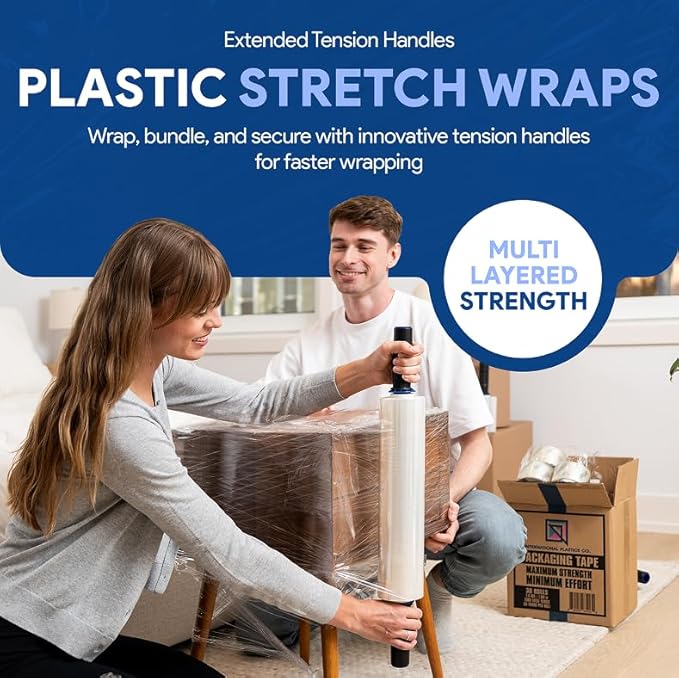 International Plastics Co. 15" Plastic Stretch Film Wrap with Extended Handles 1200ft Each 500% Stretch Clear Cling Durable Adhering Packing Moving Packaging Heavy Duty Shrink