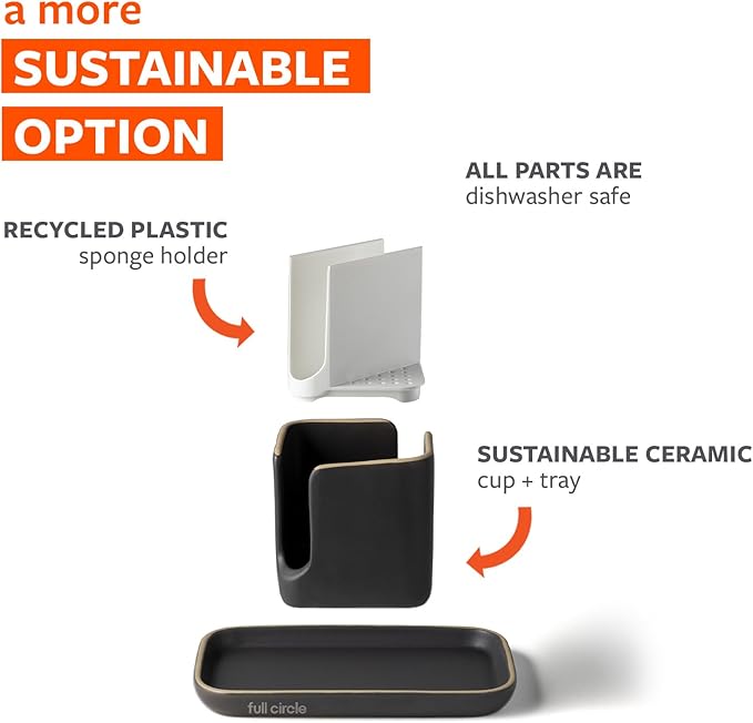 Full Circle Stash, Ceramic Kitchen Sink Caddy, Stylish Modular Sponge Holder & Dish Brush Organizer, Gray and White, 11"