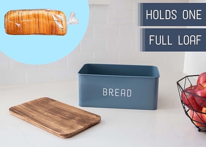 Nat & Jules Matte Blue 12 x 7 Metal Enamel Rubber Wood Lidded Bread Box