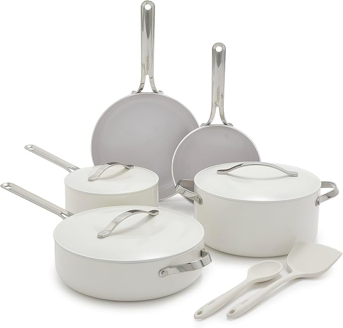 GreenPan Nova 10-Piece Cookware Pots & Pans Set, Oprah’s Favorite Things 2024, PFAS-Free Ceramic Nonstick, Fry, Sauté, Stockpot, Utensils, Lids, Induction Suitable, Dishwasher & Oven Safe, Cream White