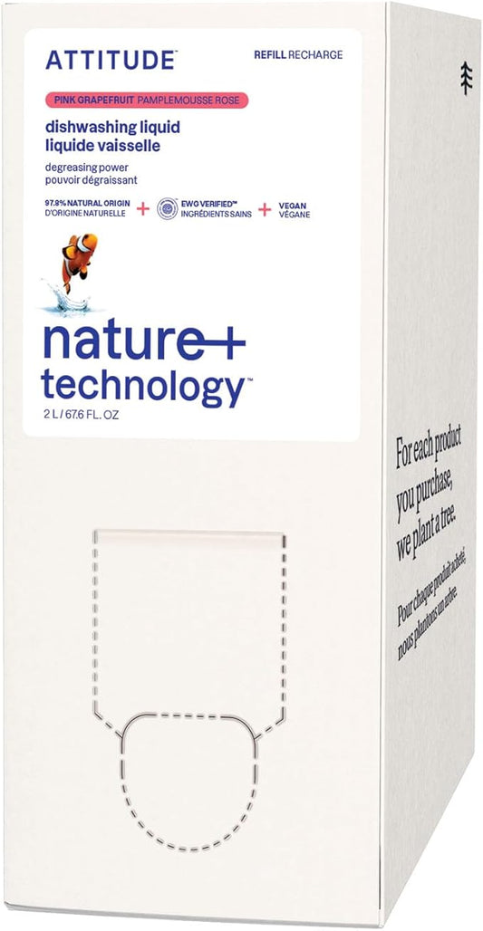 ATTITUDE Dish Soap Refill, EWG Verified, Plant-Based & Vegan Dishwashing Liquid, Naturally Derived, Pink Grapefruit, 67.6 Fl Oz