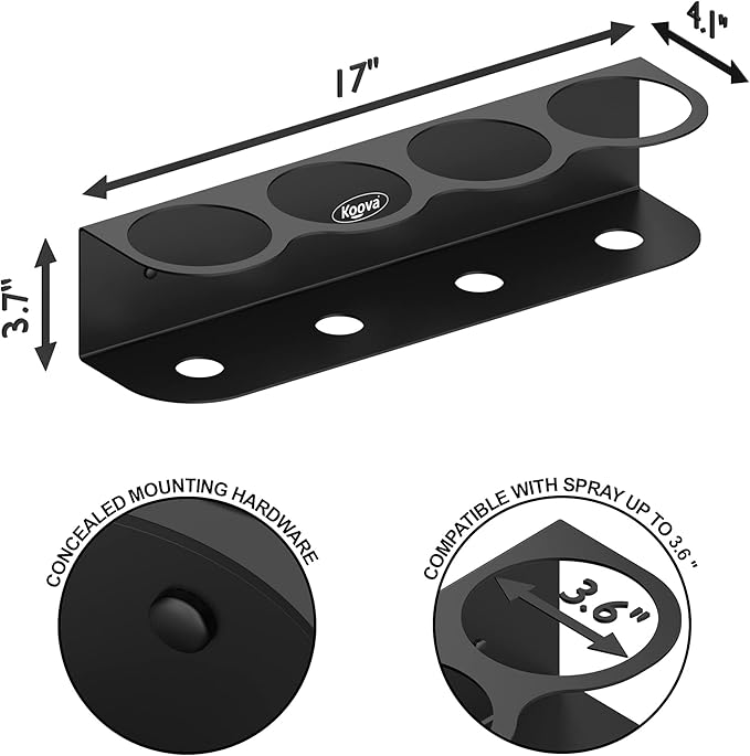 Koova 4 All-Purpose Spray Bottle Holder | Easy Install Wall Mount Hardware Included | Heavy-Duty Powder Coated Steel Storage Rack for Garage And Home | Craft Workspace Paint Bottle Organizer USA Made