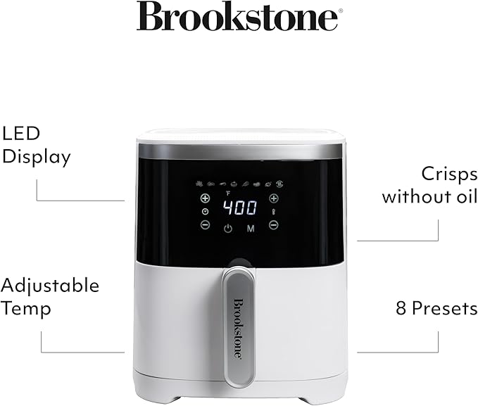 Brookstone Air Fryer – 4.5 Qt, 1300W Large Capacity Fryer with LED Display, 8 Presets, Adjustable Temp, Oil-Free Kitchen Appliance for Baking, Roasting, Frying, Healthy Crispy Meals, White