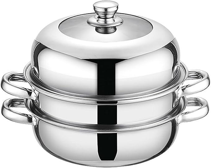 Steamer Pot for Cooking,Stainless Steel Steamer Pot,11 inch Steam Pots with Lid 2-tier for Cooking Veggies Fish Seafood Noodles, Pasta, Food
