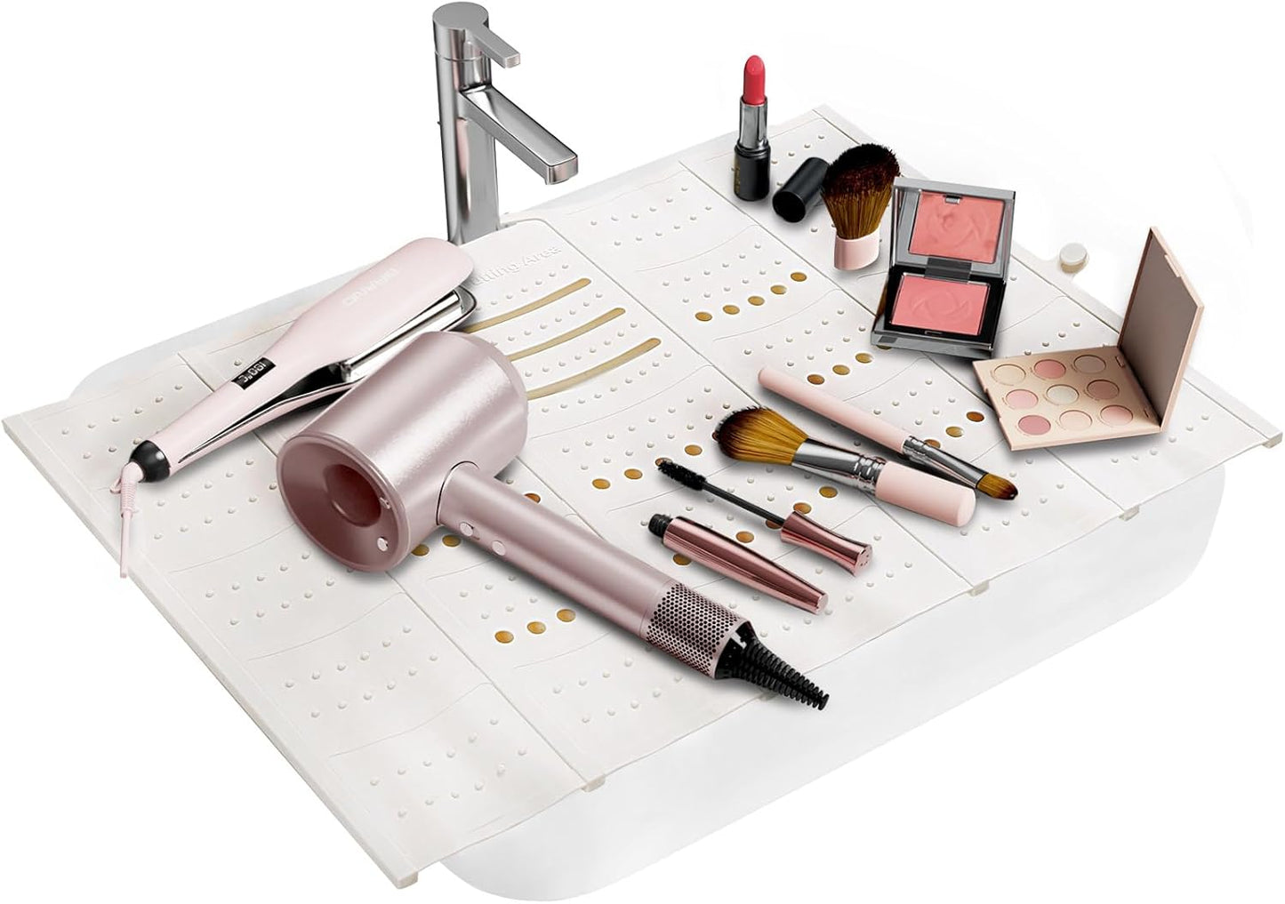 Bathroom Sink Cover for Counter Space, Sink Mat Foldable Sink Cover, Silicone Makeup Organizer Mat Space Saver, Small Bathroom & Rv Camper Travel Must Haves Accessories - Large, Pearl