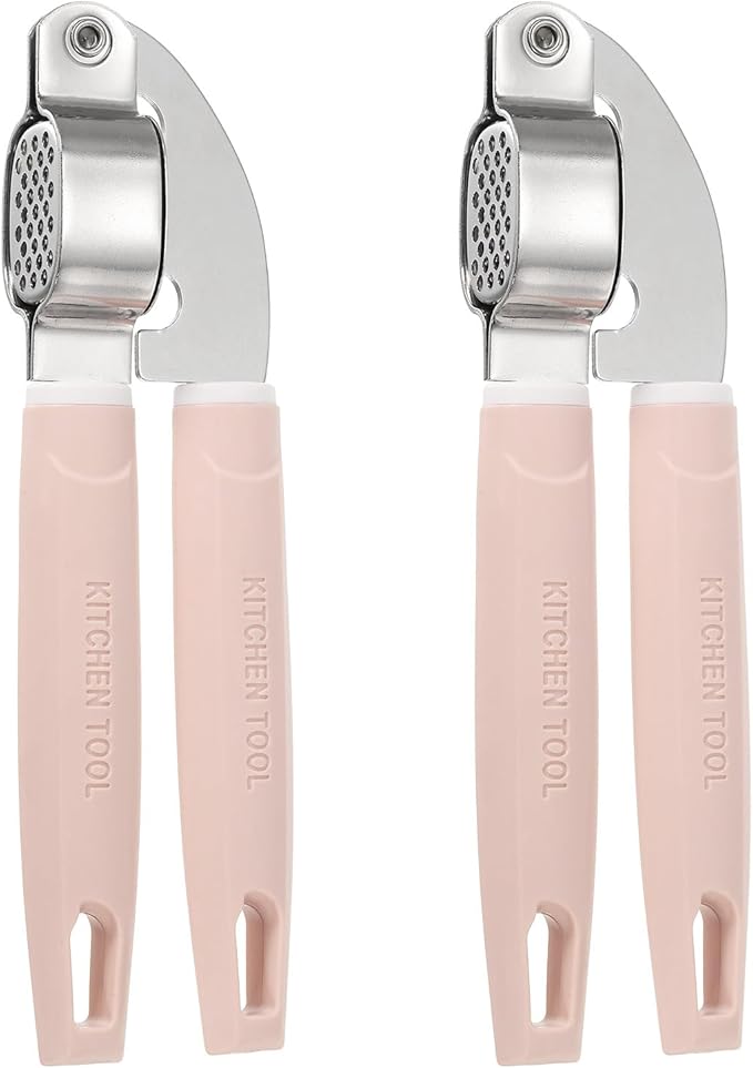 uxcell 2pcs Garlic Press, 7.7 Inch Stainless Steel Garlic Crusher and Peeler Set for Home Cooks and Professional Chefs, Pink