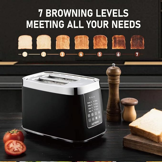 Smart Toaster Touchscreen, KETIAN Automatic Electric Digital Toaster 2 Slice, 7 Browning Settings, Preset Modes for 7 Types of Bread, 1400W