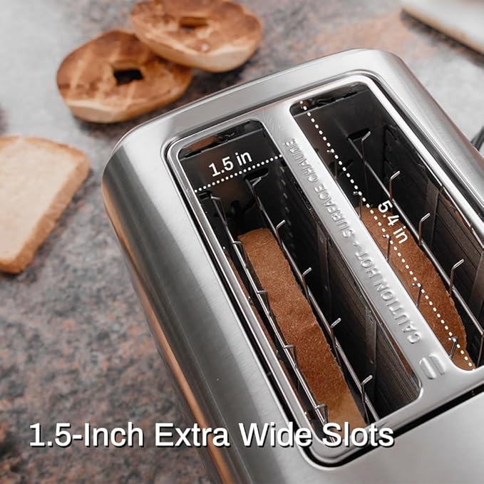 Toaster 2 Slice, Extra Wide Slot Toaster for Bagels, Bread, Waffles, 7 Shade Settings, 4 Main Functions, Removable Crumb Tray, 900 Watts Toasters, Brushed Stainless Steel