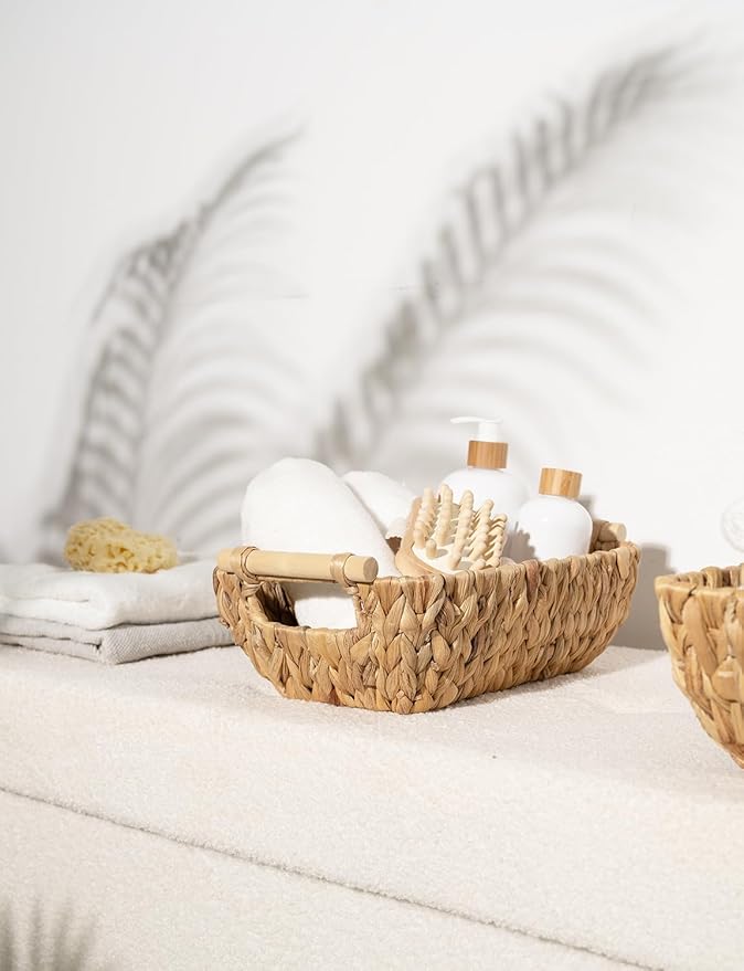 StorageWorks Hand-Woven Small Wicker Baskets, Water Hyacinth Storage Baskets with Wooden Handles, 2-Pack