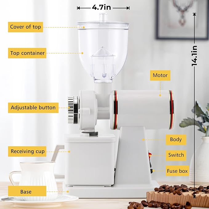 Burr Coffee Grinder Electric Espresso Grinder Commercial & Homeuse Silent Small Coffee Bean Grinder with Hopper Adjustable Grind, With Brush, Spoon, White