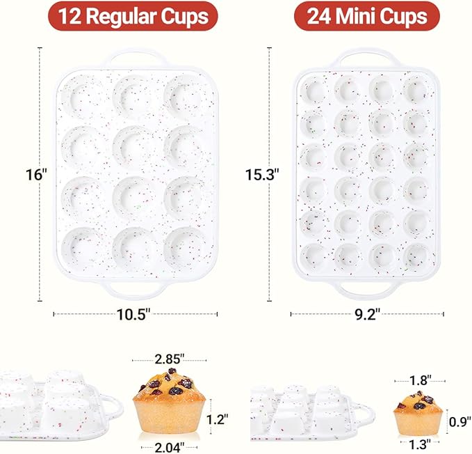 CAKETIME 12 Cups & 24 Cups Silicone Muffin Pan with Metal Frame, Regular & Mini Muffin Pan Set for Baking 2 Pack