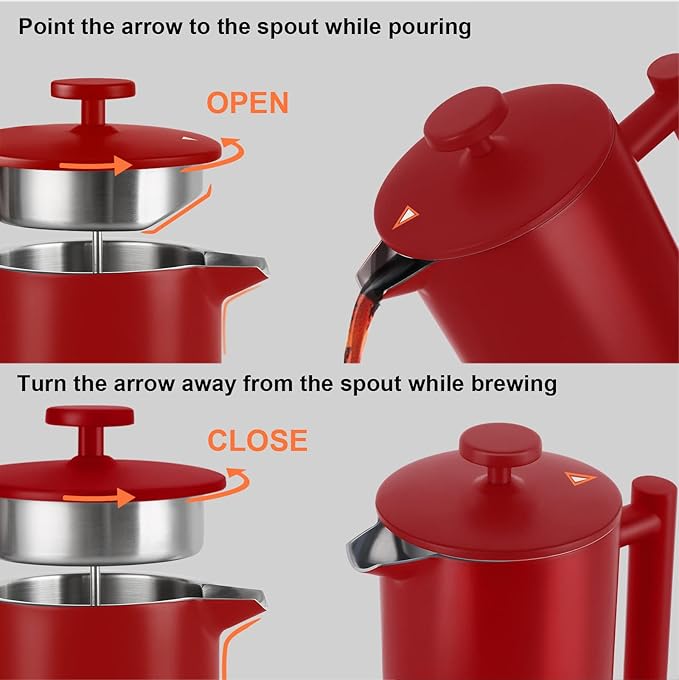 Secura French Press Coffee Maker, Double-Wall 304 Grade Stainless Steel Coffee Press with 2 Extra Screens, 34oz (1L), Red