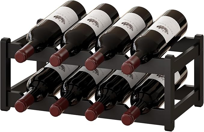 BMOSU Bamboo Wine Rack Wine Storage Cabinet Shelf 8 Bottle Wine Racks Countertop Sturdy for Kitchen Dining Room Pantry - 2 Tiers Wine Rack (Black)