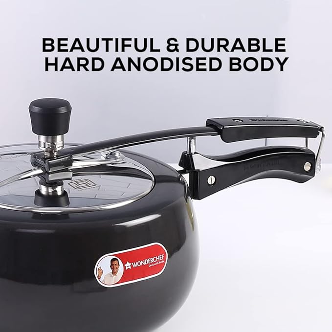 Wonderchef Taurus Hard Anodized Inner Lid Pressure cooker, 5 liter, Cool Touch Handles for Durability, Induction Friendly, 5 year warranty, ISI Certified5 LitresBlack