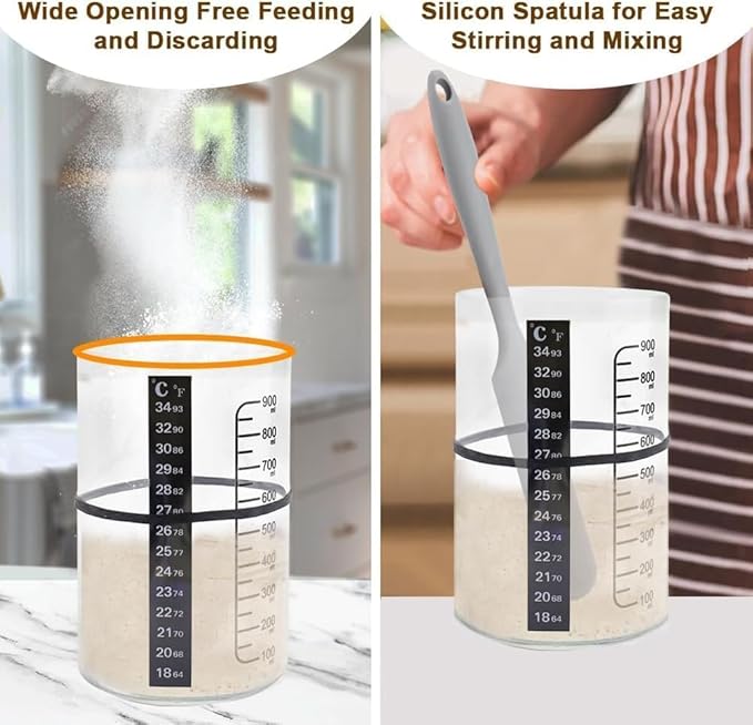 BRIRILINE Pro Sourdough Bread Starter Kit - 34 oz sourdough jar with 5 unique features for the perfect sour dough bread & sourdough starter kit - baking supplies (34oz-4pack)