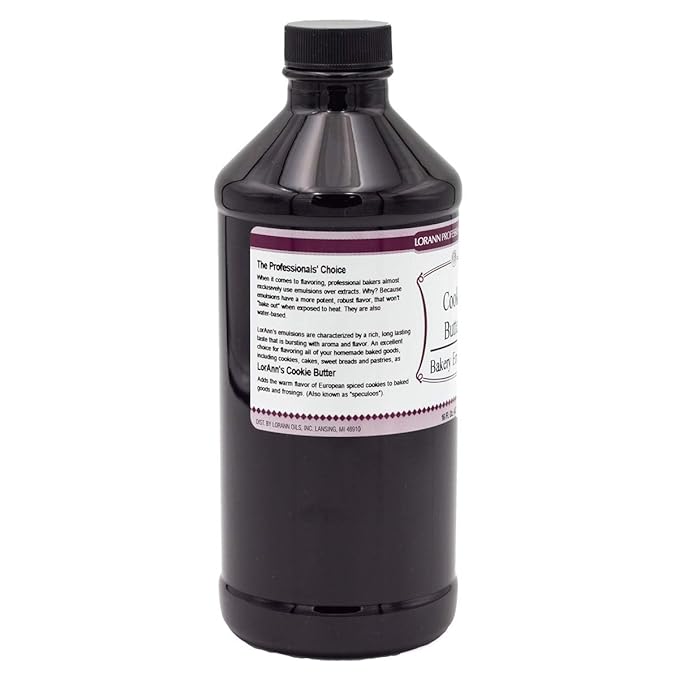 LorAnn Oils Cookie Butter Bakery Emulsion: True Essence, Ideal for Boosting Fruit Tones in Cakes, Cookies & Desserts, Gluten-Free, Keto-Friendly, Extract Substitute Essential for Your Kitchen, 16 Oz