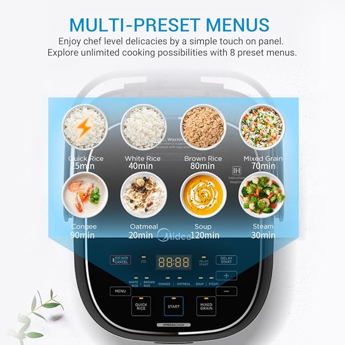 Midea 3L Rice Cooker with Steamer Basket, 6-Cup Uncooked Capacity, Induction Heating & Fuzzy Logic Technology, 24h Delay Start & Keep Warm, Non-Stick Inner Pot