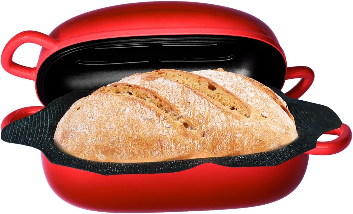 Dutch Oven for Bread Baking - 2.5QT Bread Pans for Homemade Bread with Perforated Non-Stick Silicone Liner Cast Iron Bread Pan Dutch Oven Loaf Pan with Lid and Loop Handle for Homemade Breadmaking,Red